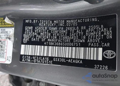 2005 Toyota Avalon Xls из США, поврежденный, VIN 4T1BK36B65U006751